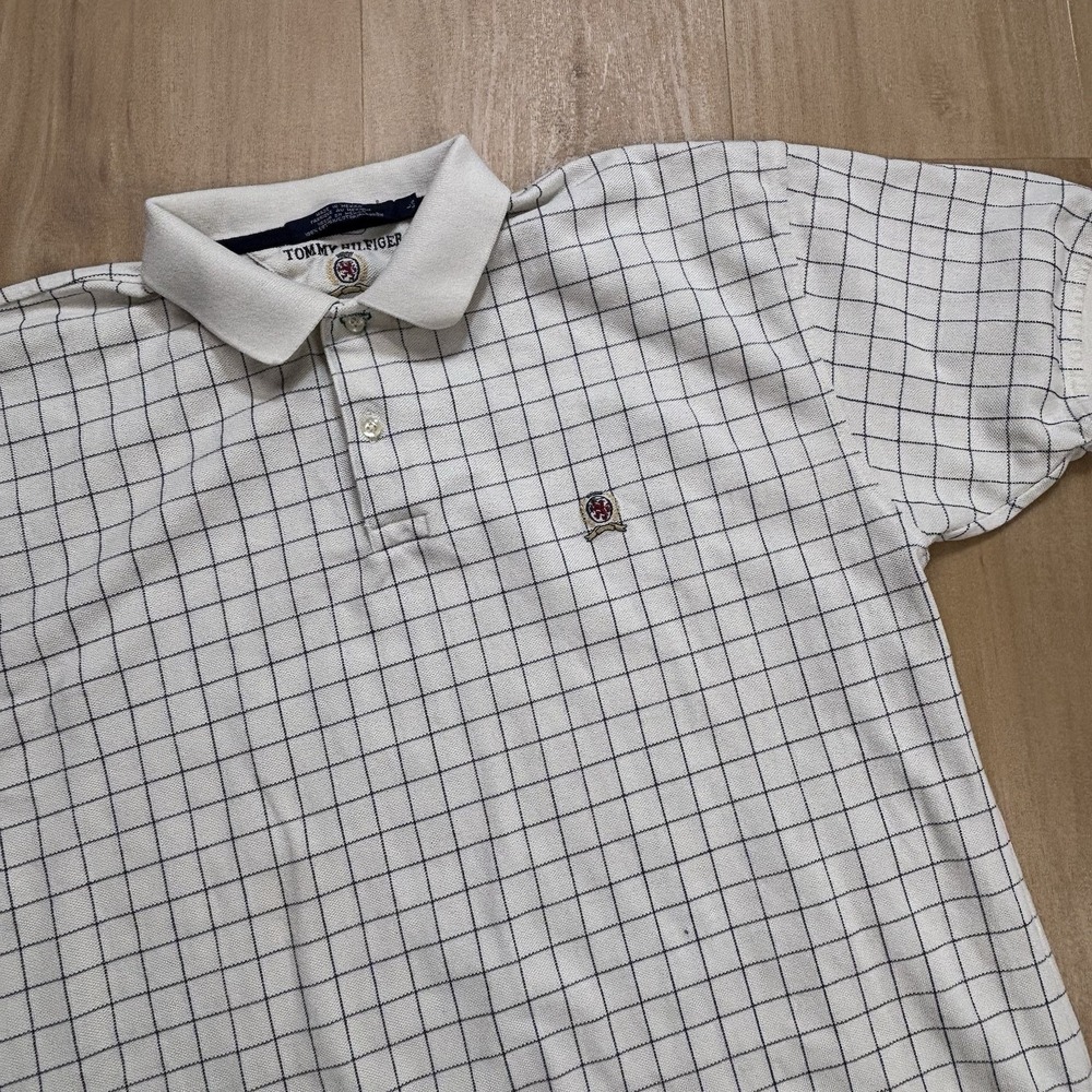 Vintage 90s Tommy Hilfiger Men's Polo Large Blue Square Crest Logo Preppy